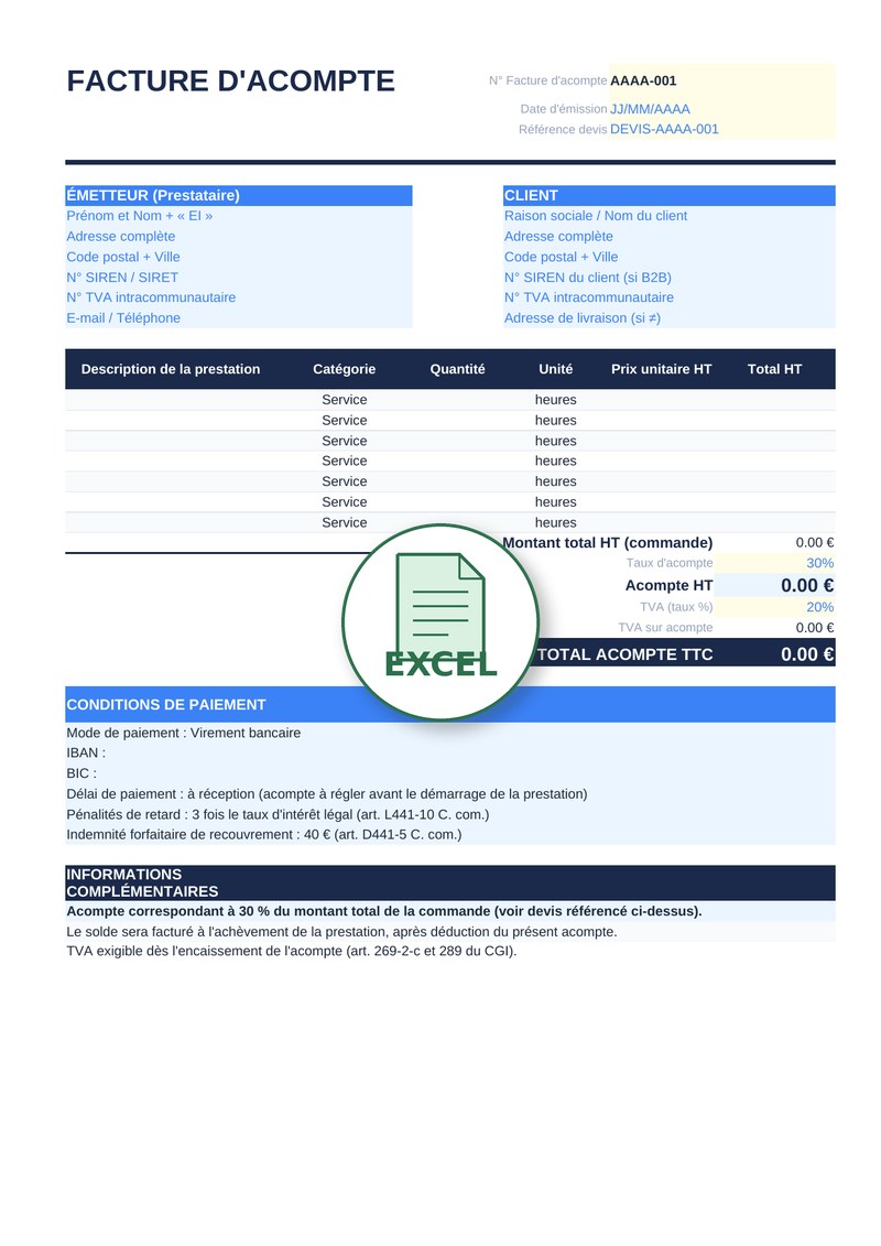 Modèle de facture d'acompte Excel 1