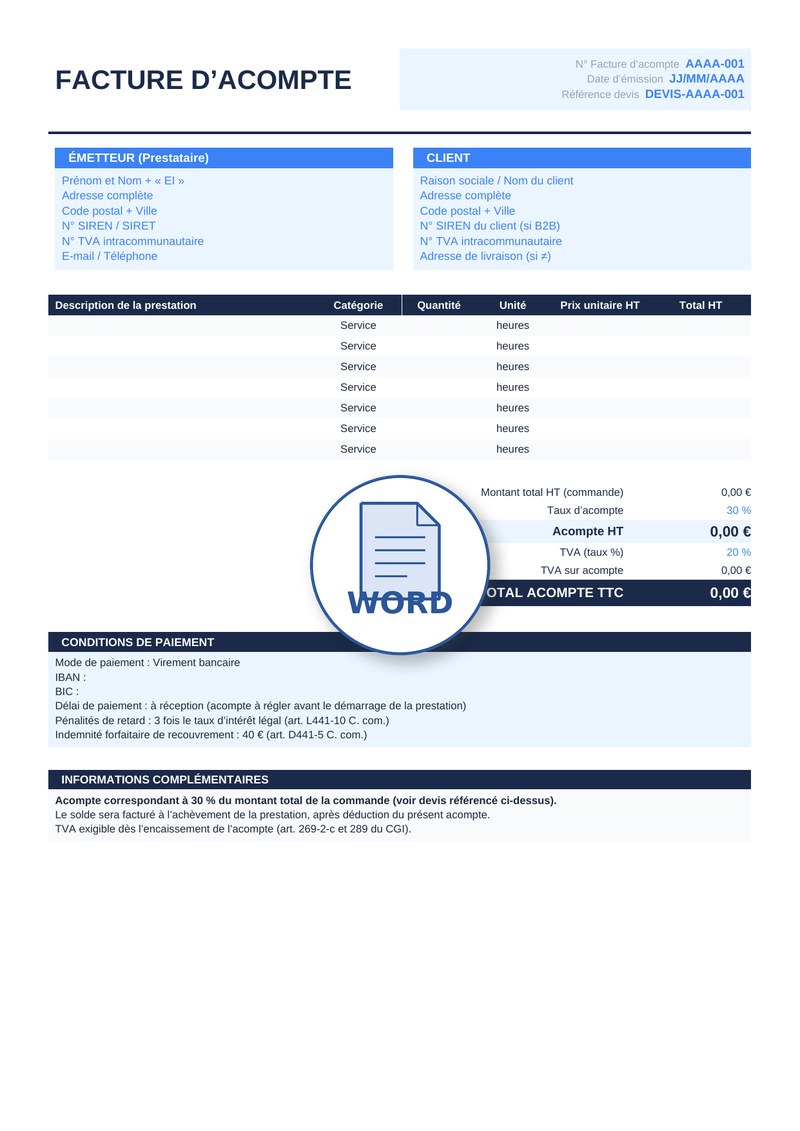 Modèle de facture d'acompte Word 1