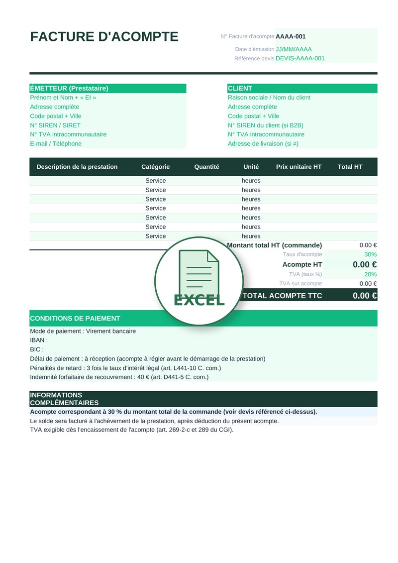 Modèle de facture d'acompte Excel 2