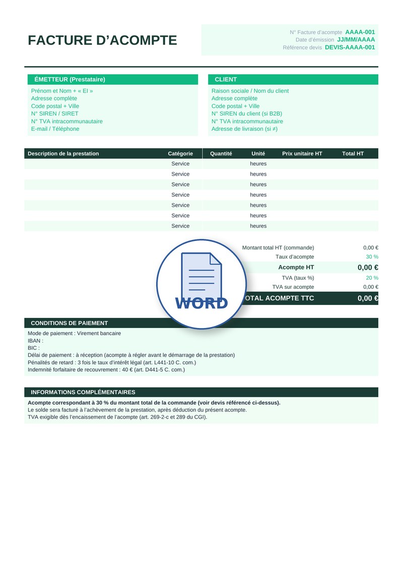 Modèle de facture d'acompte Word 2