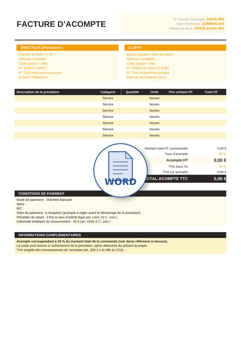 Modèle de facture d'acompte Word 3