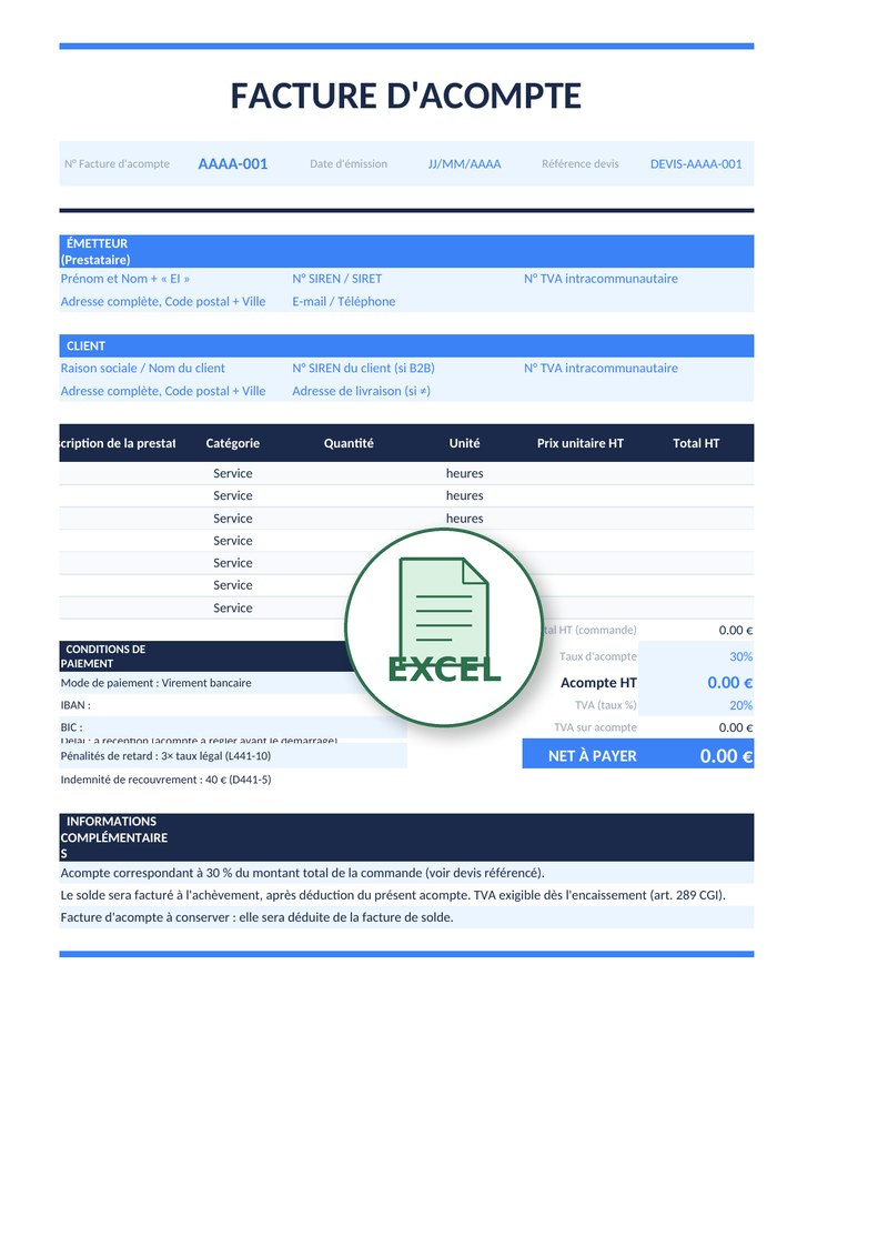 Modèle de facture d'acompte Excel 4