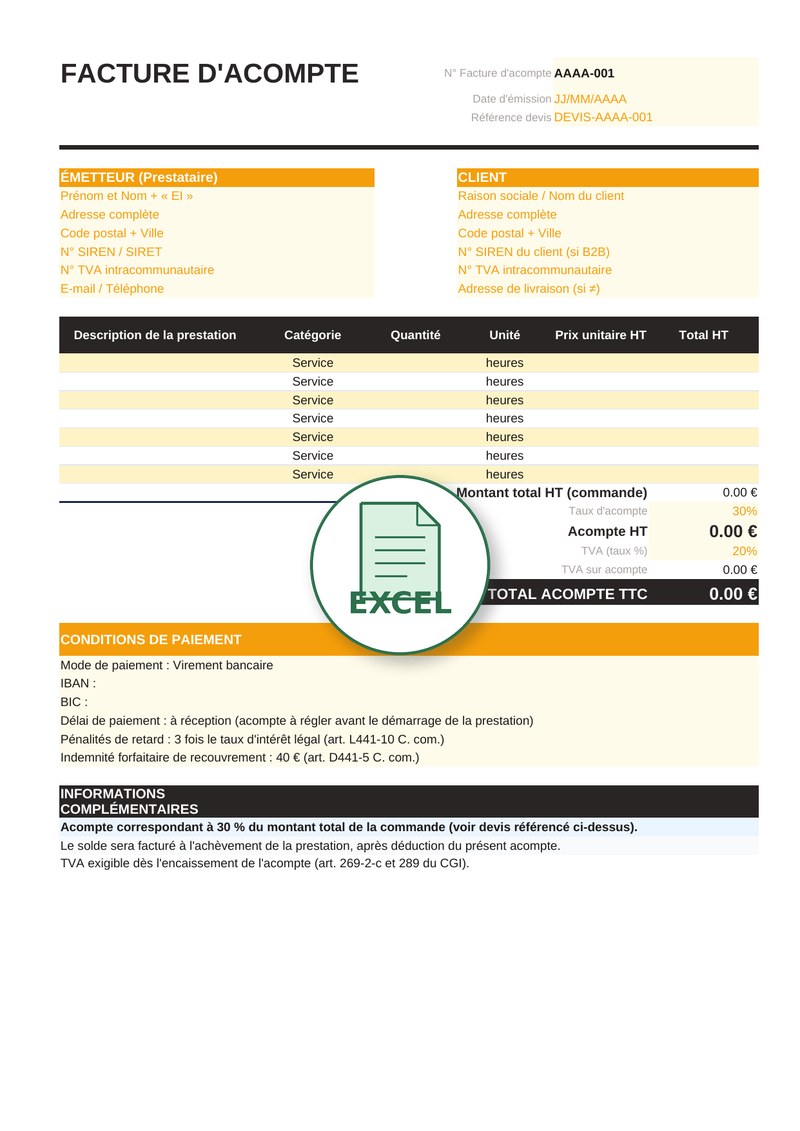 Modèle de facture d'acompte Excel 3