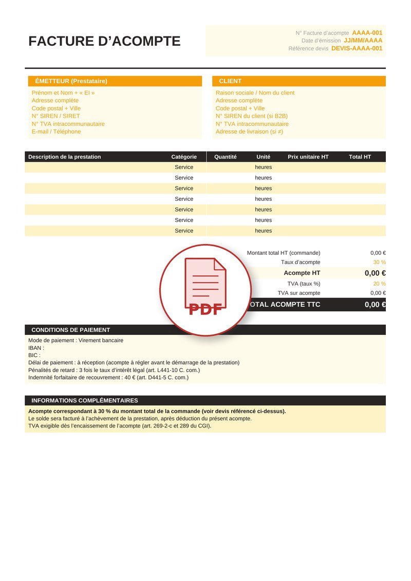 Modèle de facture d'acompte PDF 3
