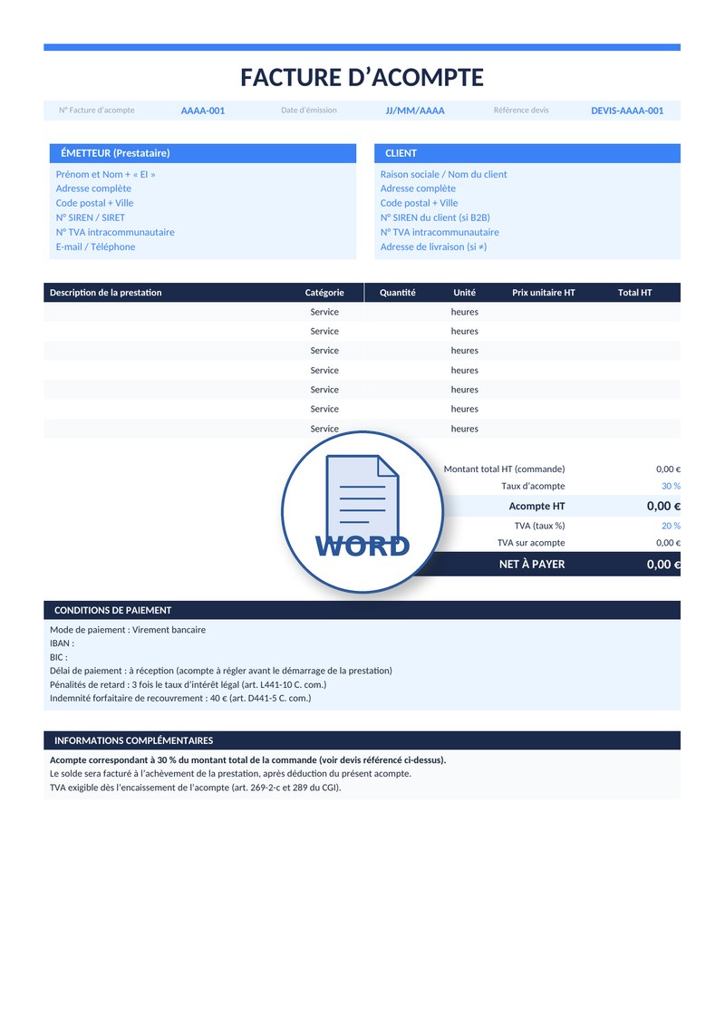 Modèle de facture d'acompte Word 4