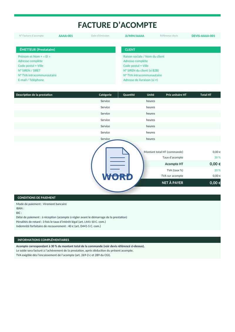 Modèle de facture d'acompte Word 5