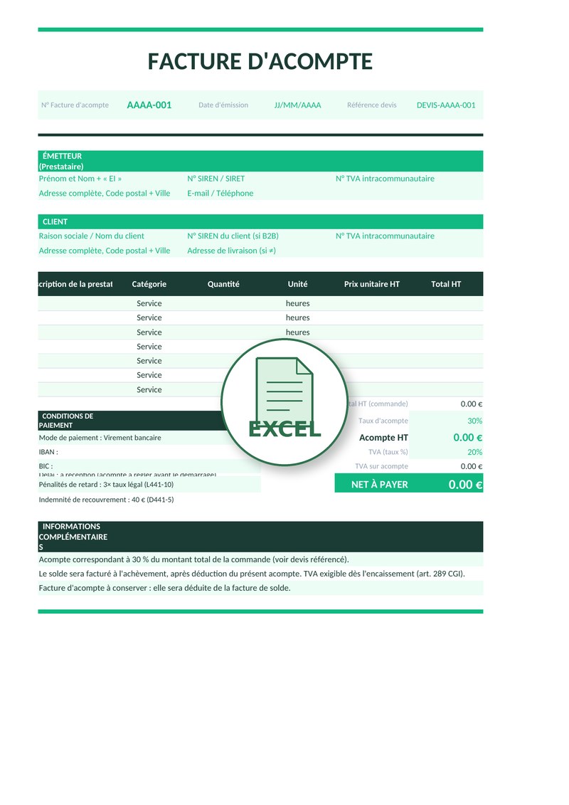 Modèle de facture d'acompte Excel 5