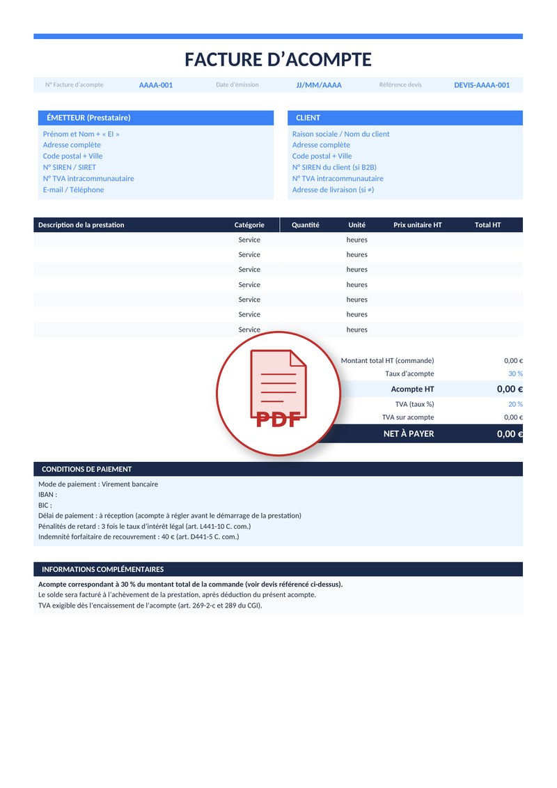Modèle de facture d'acompte PDF 4