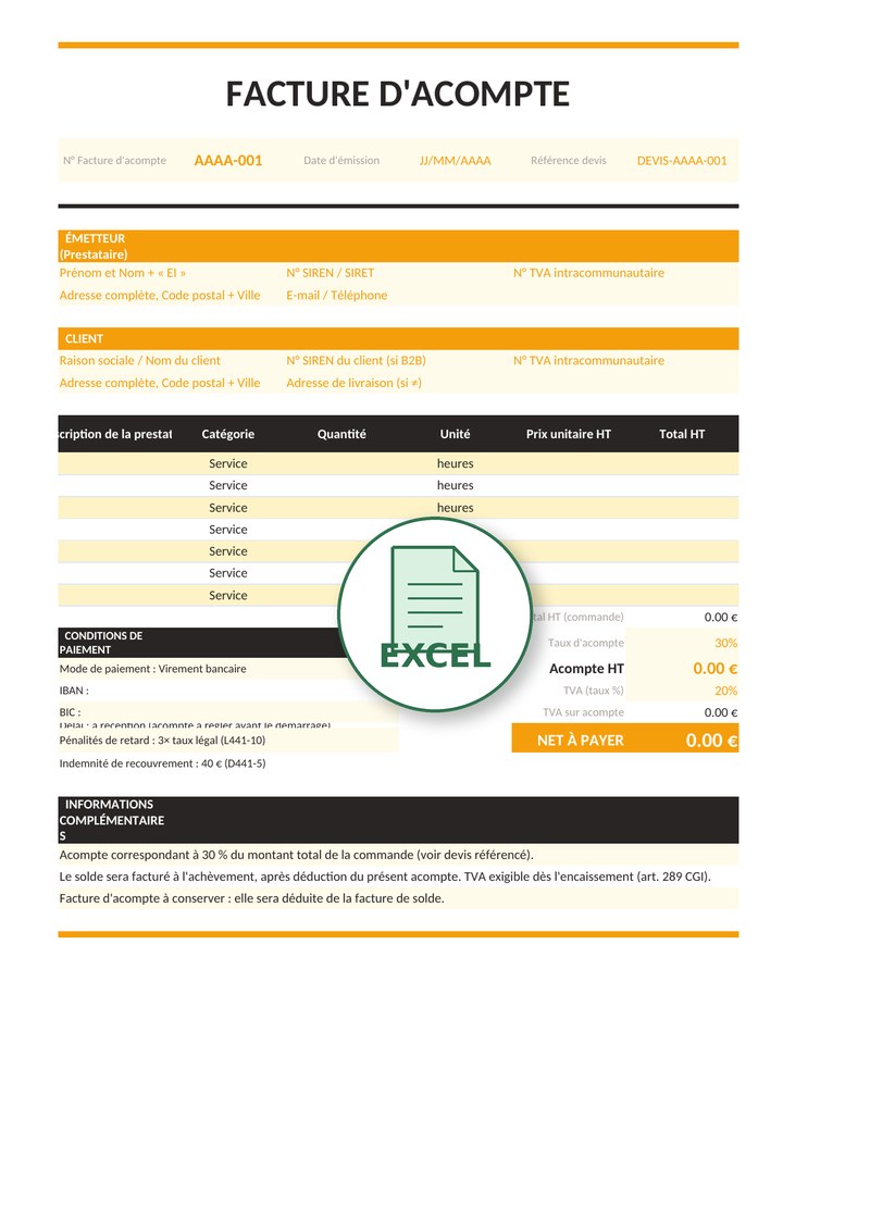 Modèle de facture d'acompte Excel 6