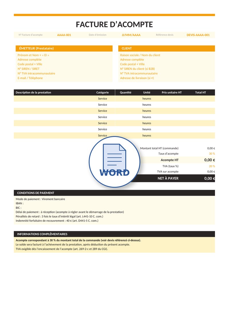 Modèle de facture d'acompte Word 6