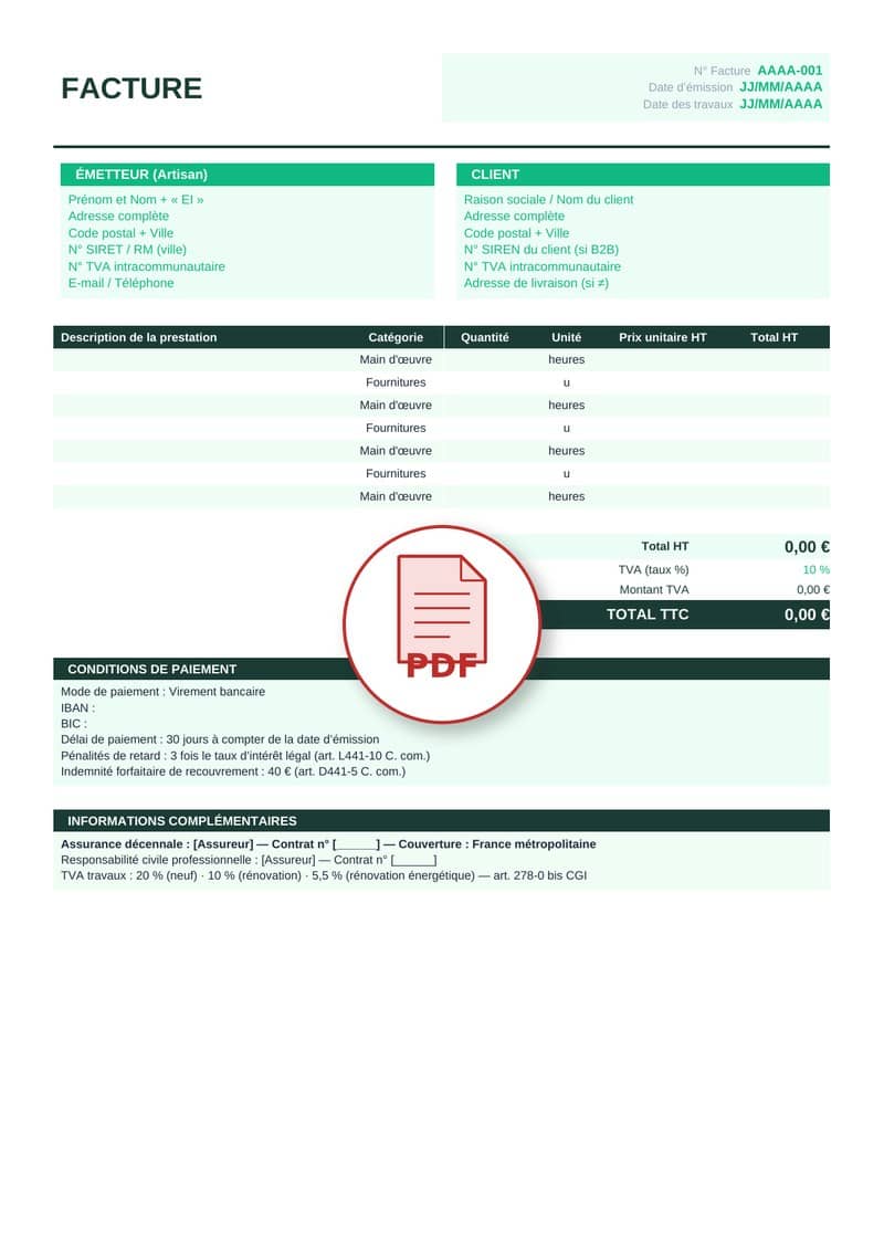Modèle de facture artisan PDF 2