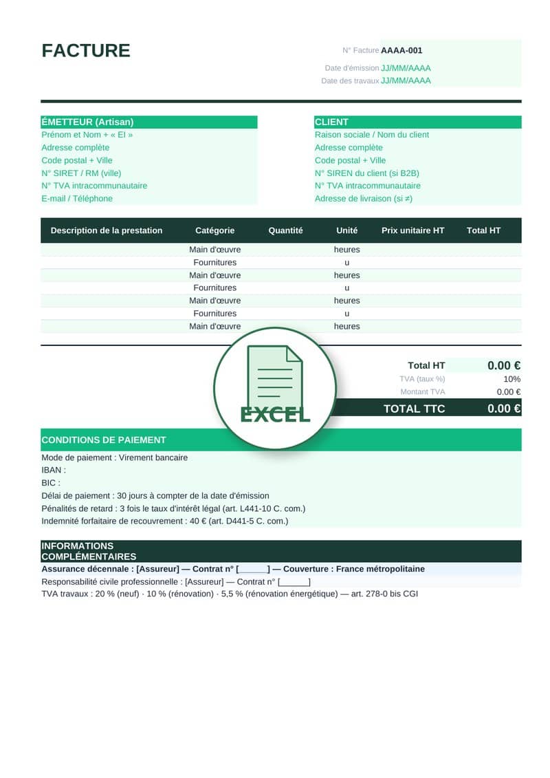 Modèle de facture artisan Excel 2