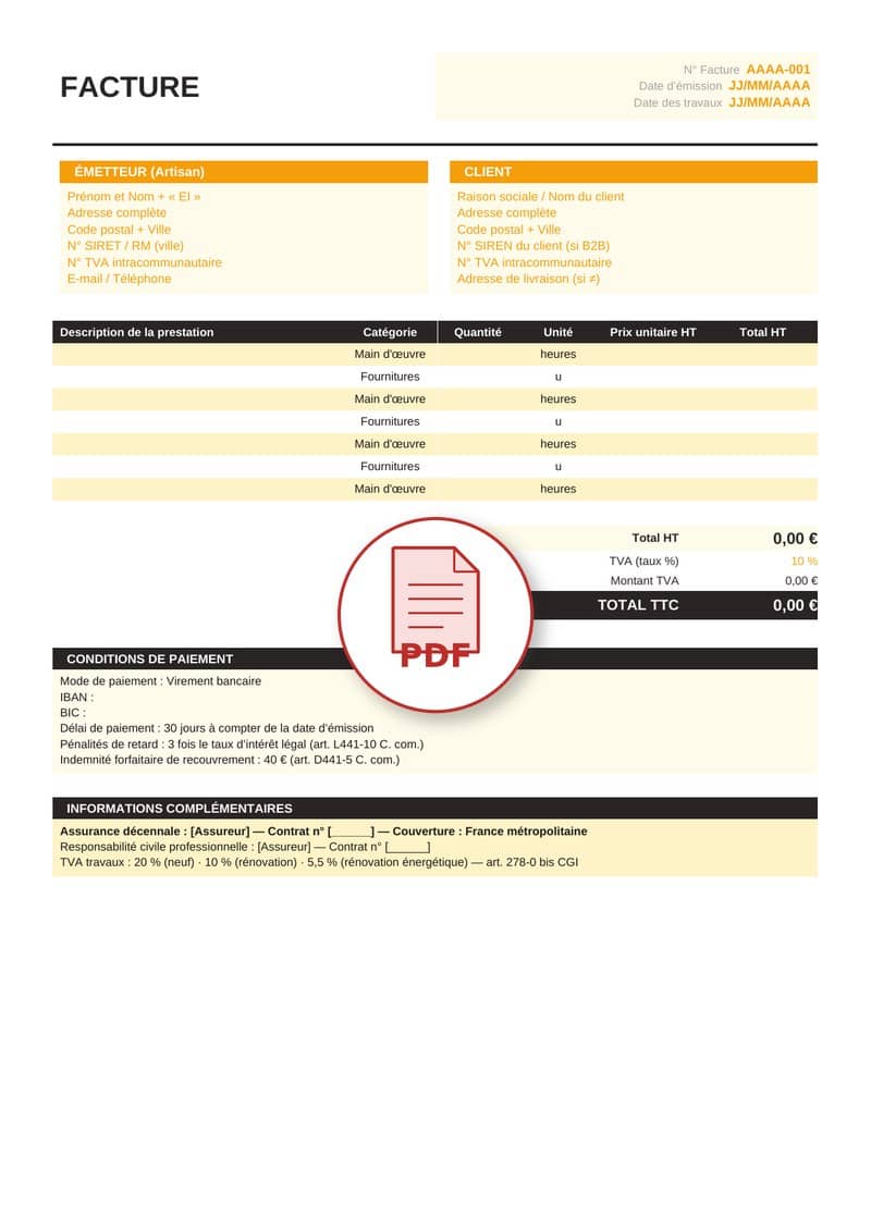 Modèle de facture artisan PDF 3