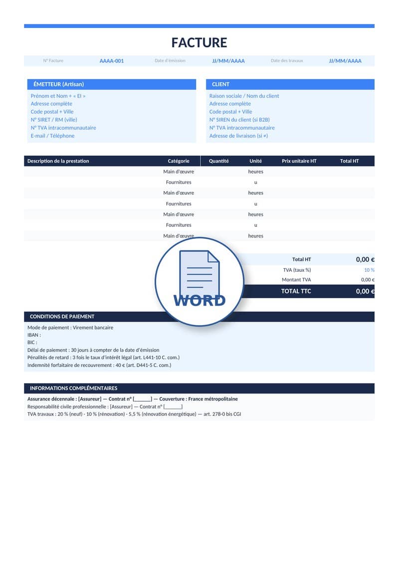 Modèle de facture artisan Word 4