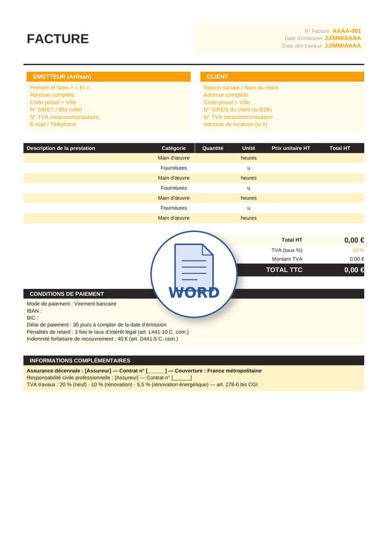Modèle de facture artisan Word 3