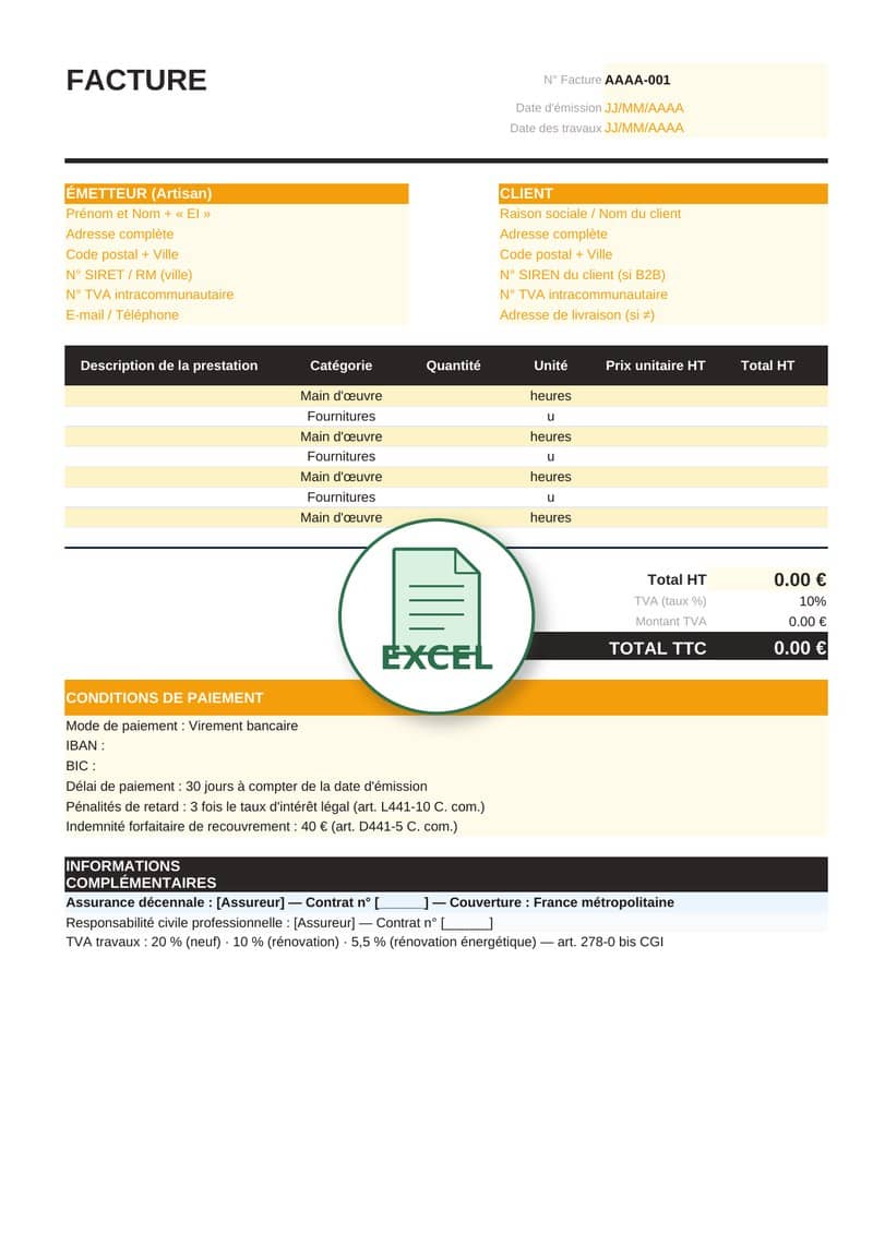 Modèle de facture artisan Excel 3