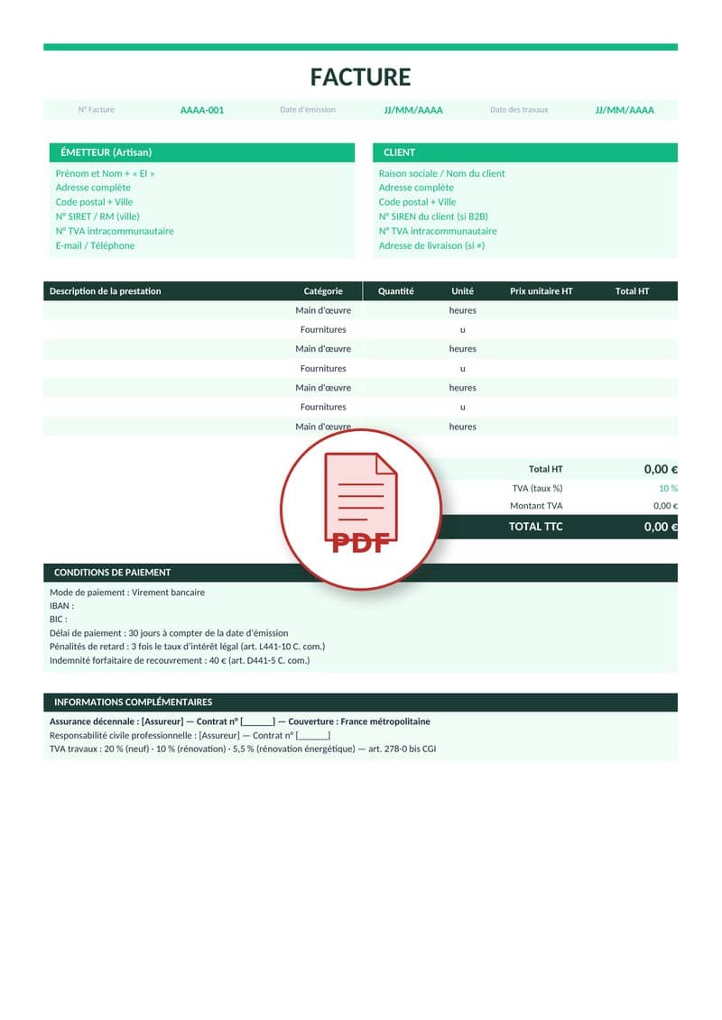Modèle de facture artisan PDF 5