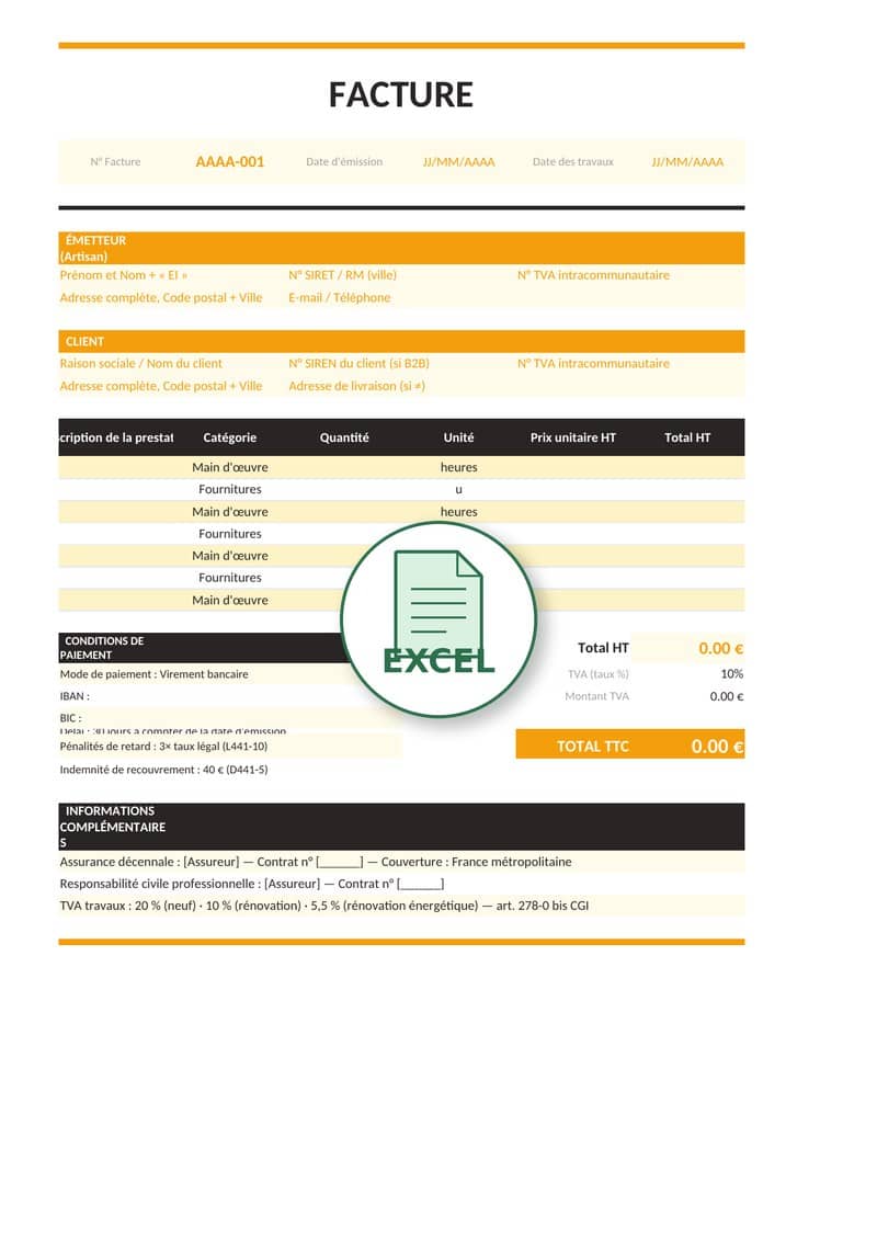 Modèle de facture artisan Excel 6