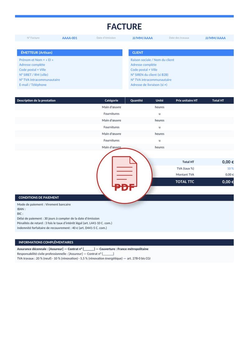 Modèle de facture artisan PDF 4