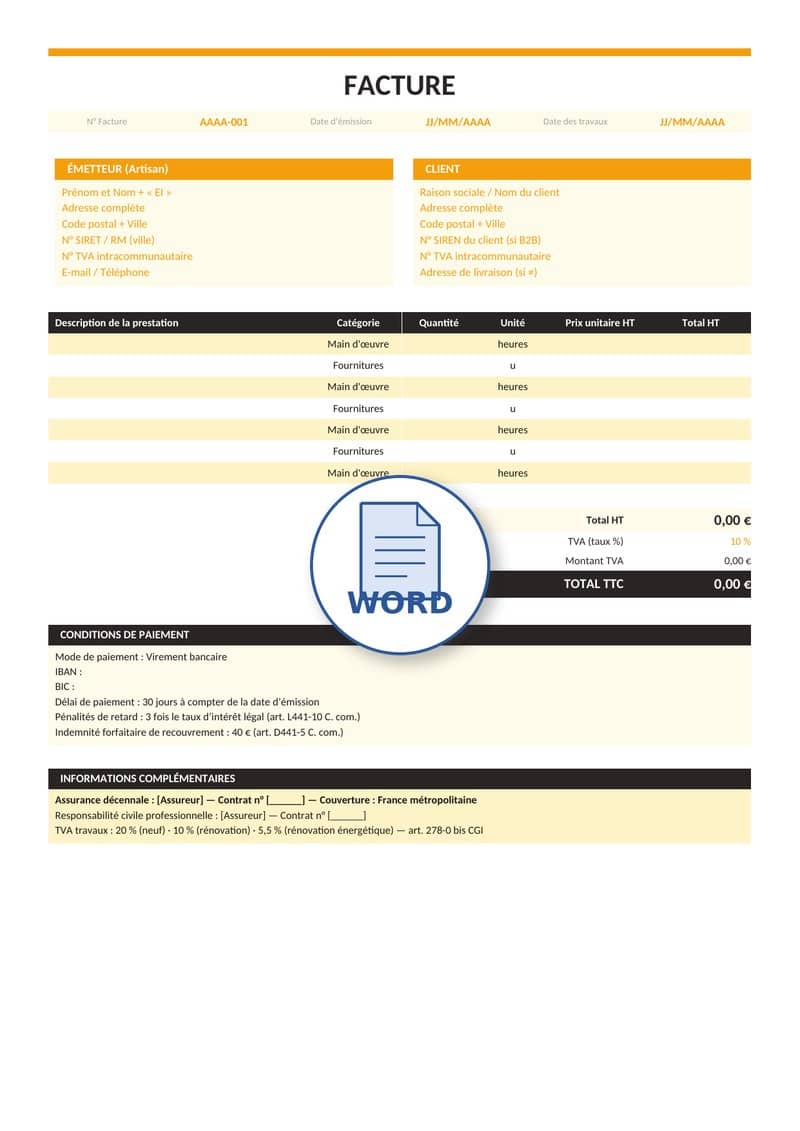 Modèle de facture artisan Word 6