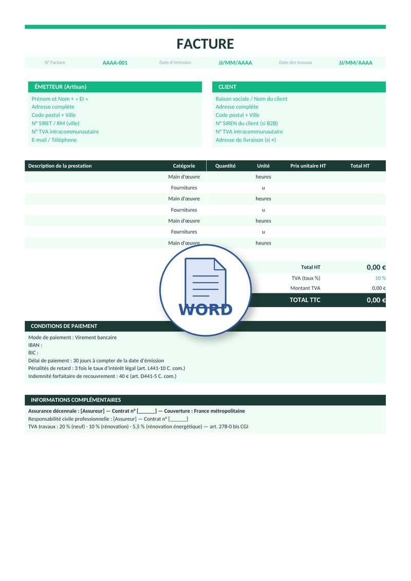 Modèle de facture artisan Word 5