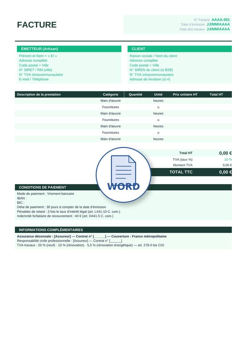 Modèle de facture artisan Word 2