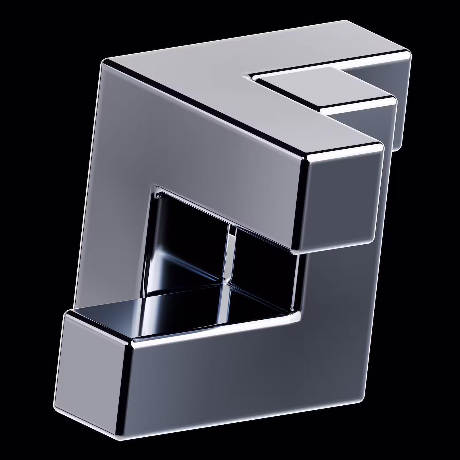 Une forme géométrique métallique réfléchissante en forme de trapèze creux sur fond noir.