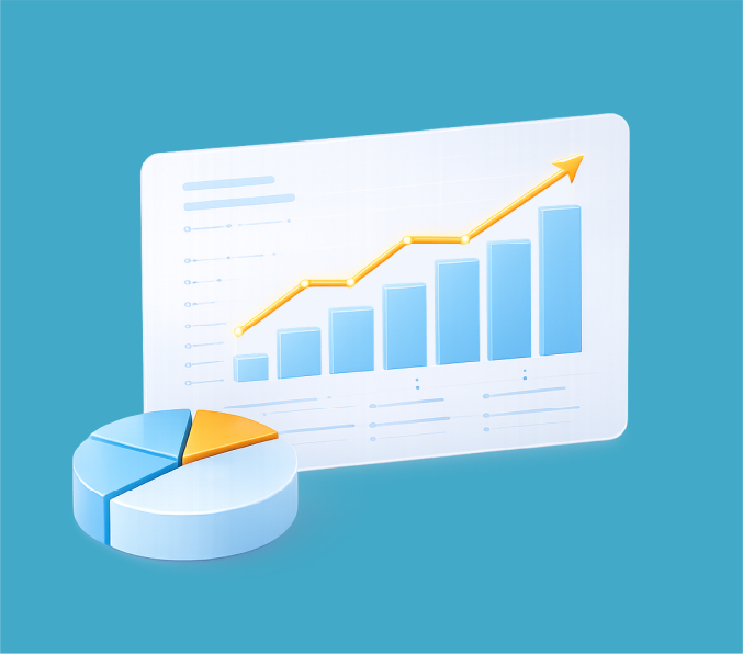 3D illustration of a blue and orange pie chart next to a translucent screen displaying a blue bar chart with an upward trending yellow line graph on a blue background.