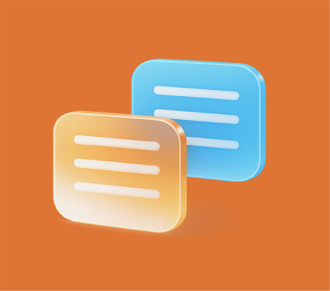 Two stylized speech bubbles, one orange and one blue, with horizontal lines representing text on an orange background.