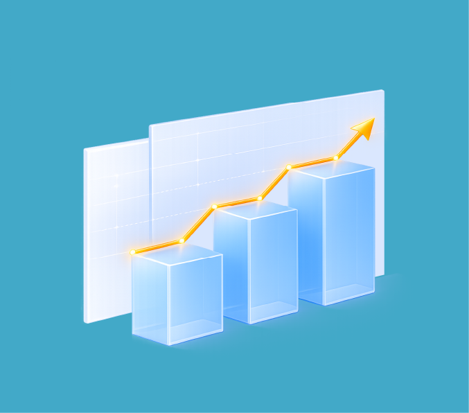 3D bar chart with three transparent blue bars increasing in height from left to right with an orange upward trending arrow line.