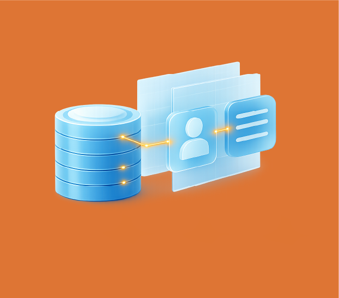3D illustration of a blue database cylinder connected with glowing lines to user profile and document icons on an orange background.