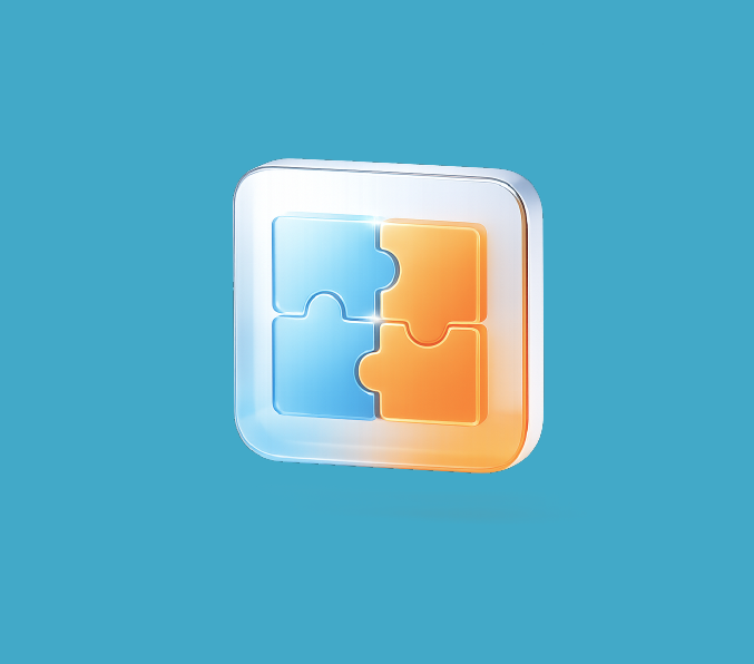 3D icon of four interlocking puzzle pieces, two blue on the left and two orange on the right, inside a rounded square with a blue background.