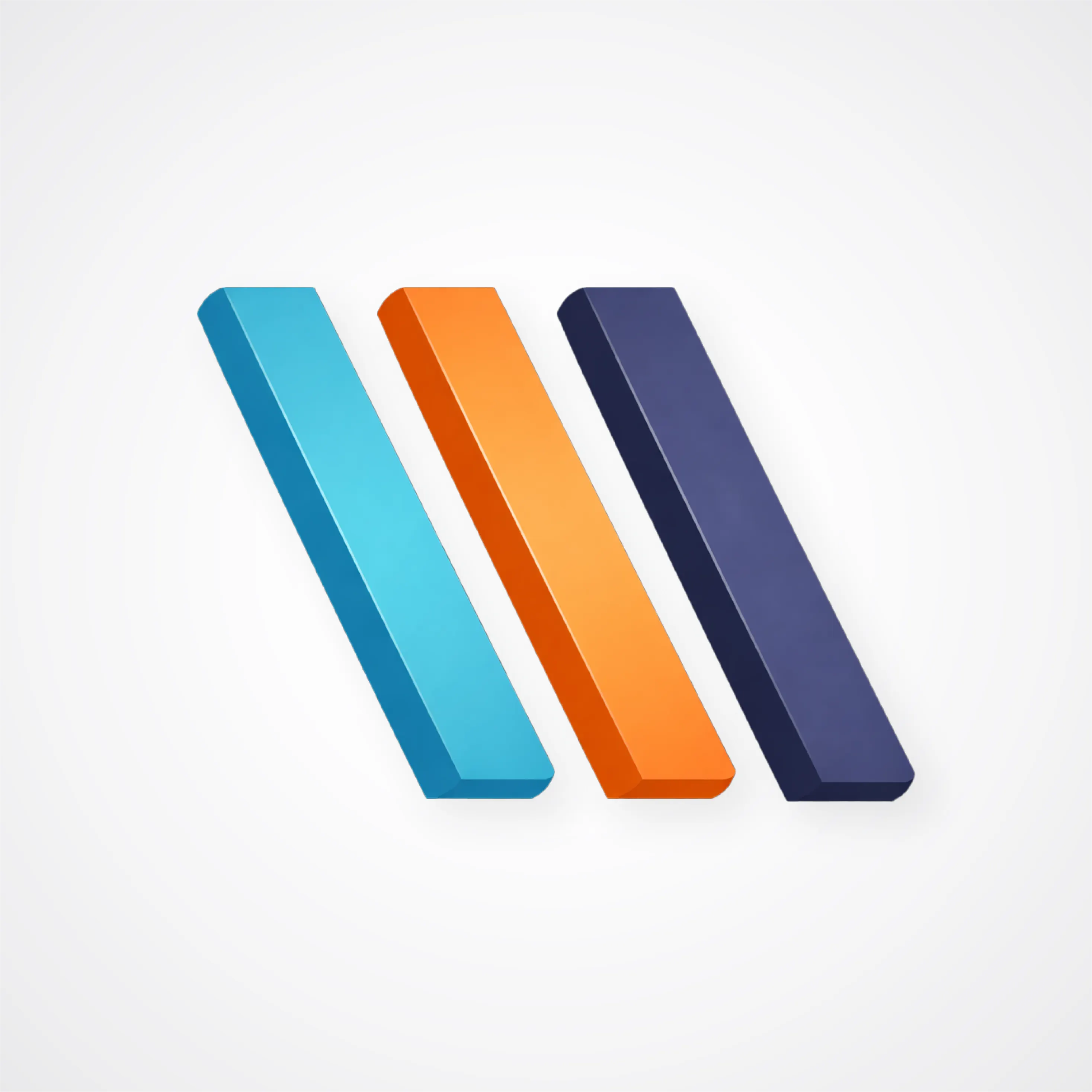 Three 3D rectangular bars in teal, orange, and dark blue arranged diagonally on a light background.