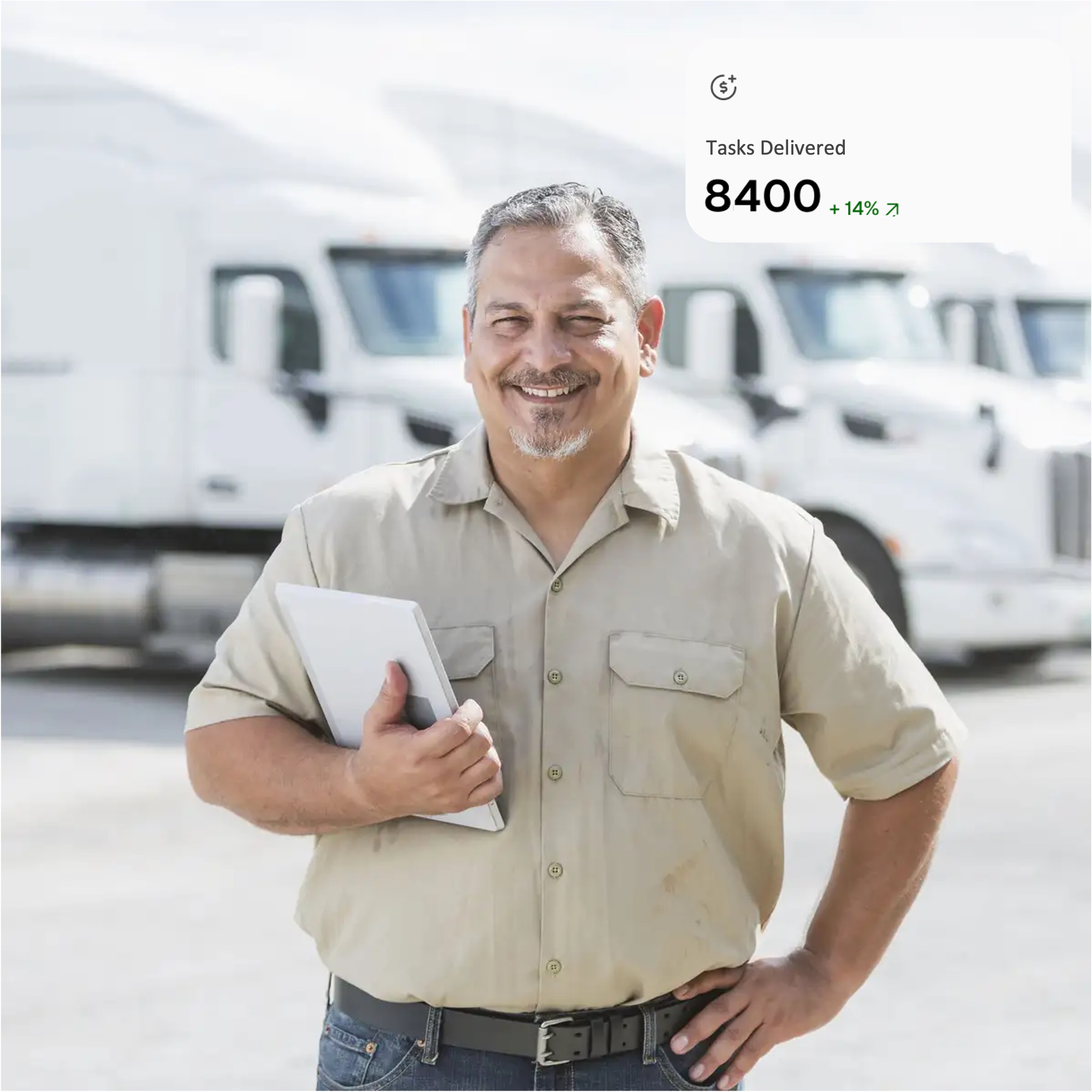 Smiling middle-aged man holding a tablet stands in front of white trucks with overlay text showing 8400 tasks delivered, up 14%.