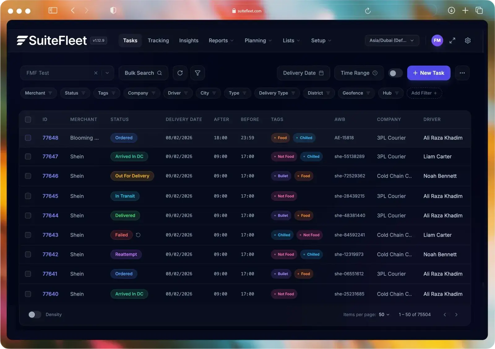 SuiteFleet Tasks on Dashboard