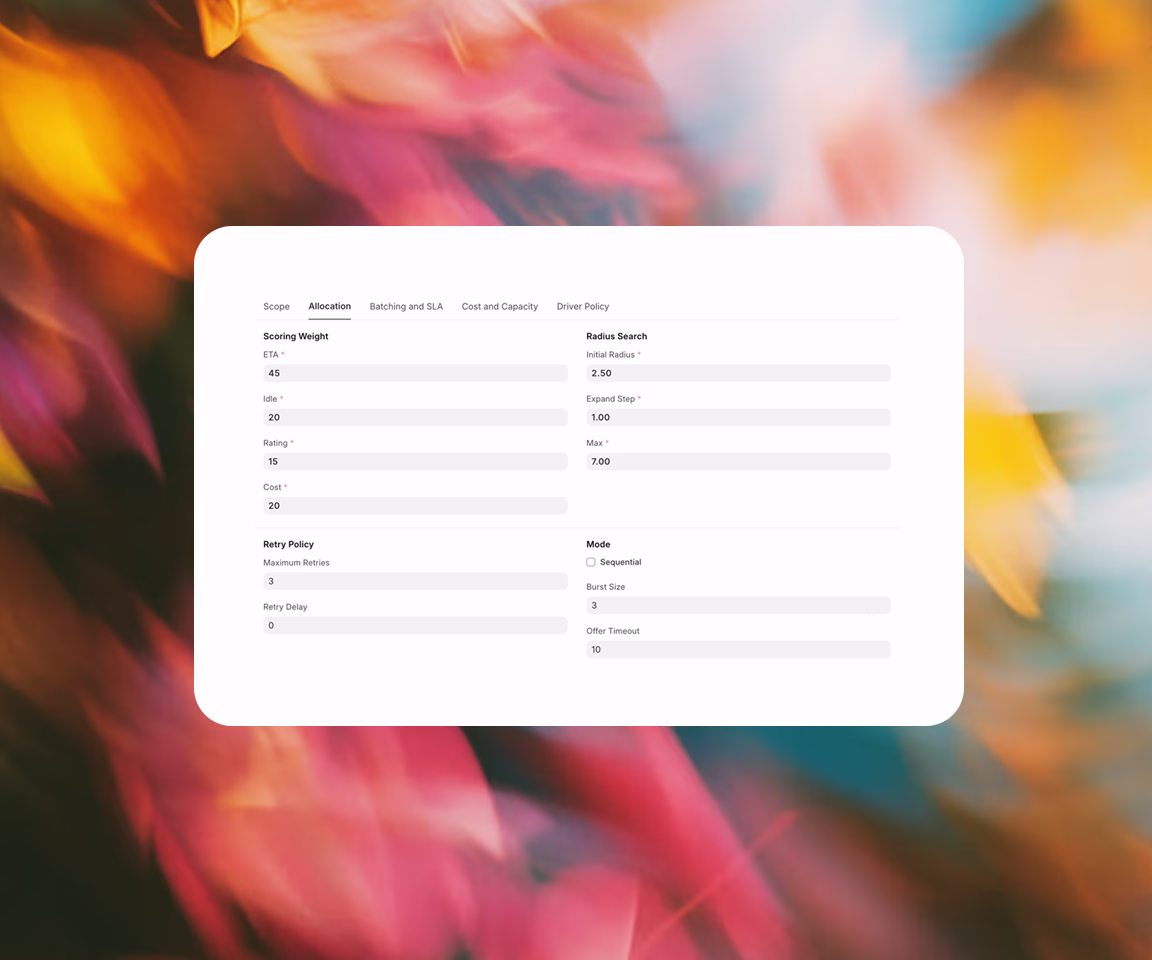 User interface screen displaying allocation settings with sections for scoring weight, radius search, retry policy, and mode options.