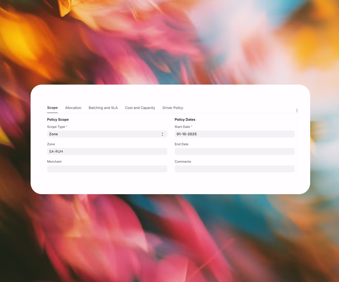 User interface screen showing a policy scope form with options for scope type set to Zone, zone code SA-RUH, start date set to 01-10-2025, and fields for end date, merchant, and comments.