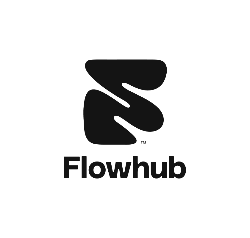 Flowhub brand logo consisting of a stylized abstract shape above the word 'Flowhub' in bold black font.