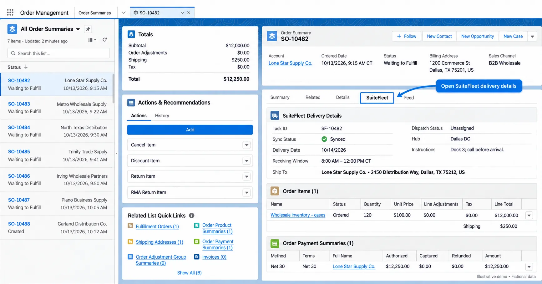 Salesforce order pending fulfillment with delivery date, receiving window, and SuiteFleet fields