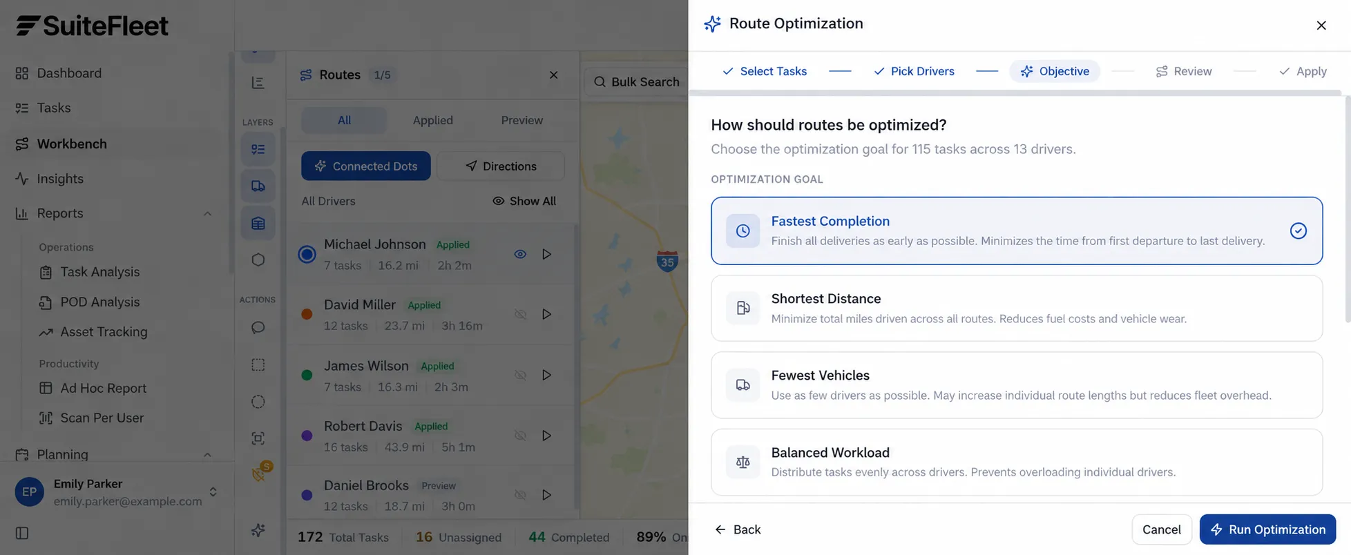 SuiteFleet route optimization objectives: fastest completion, shortest distance, fewest vehicles, and balanced workload