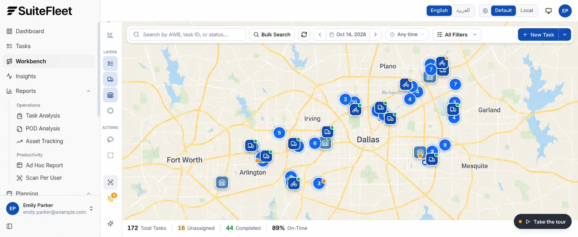 SuiteFleet Workbench map showing task clusters, drivers, hubs, filters, and missing-location indicator