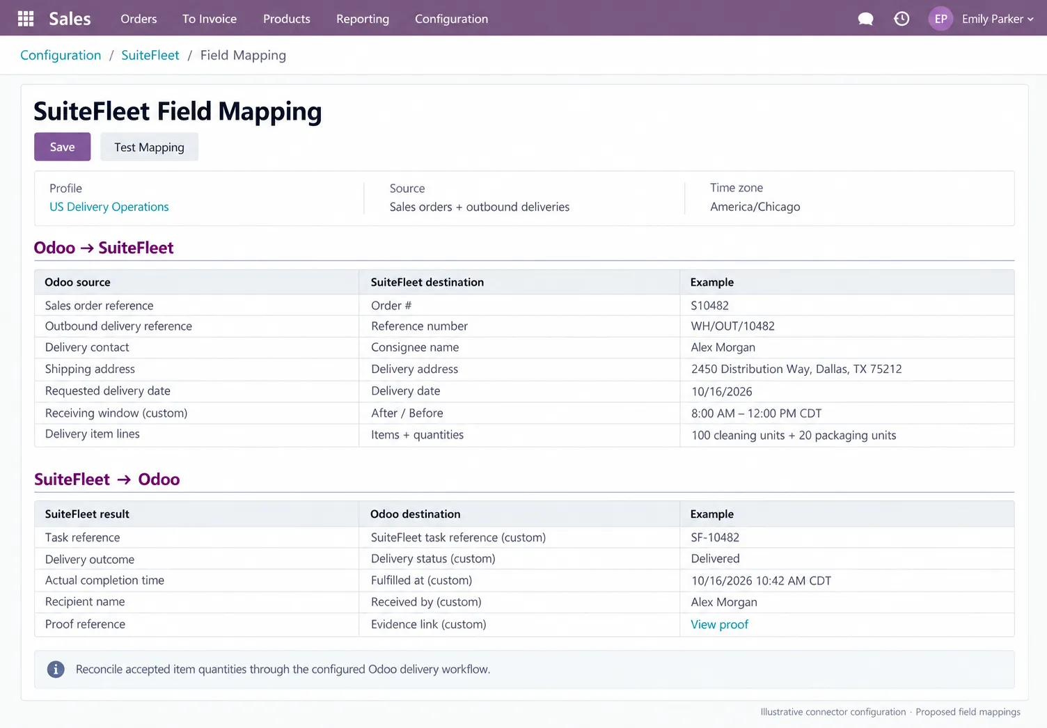 Illustrative Odoo SuiteFleet field mapping for order and delivery references, contact, receiving window, delivery status, completion time and proof link