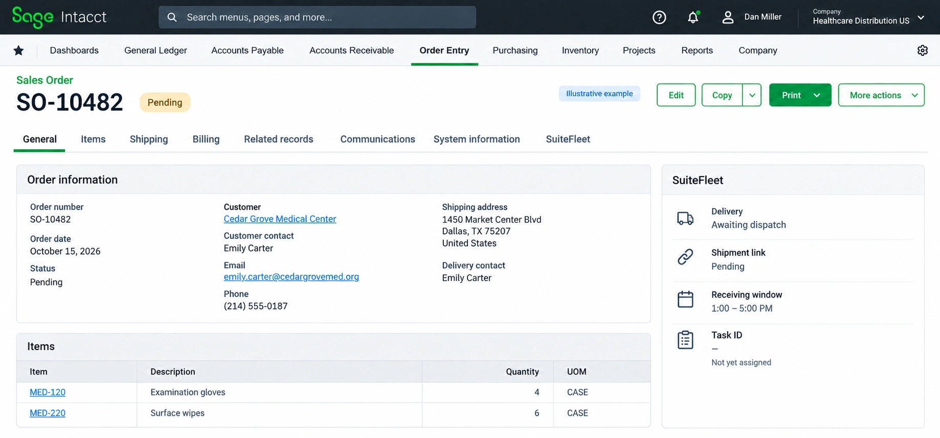 Sage Intacct starting order SO-10482 with SuiteFleet extension