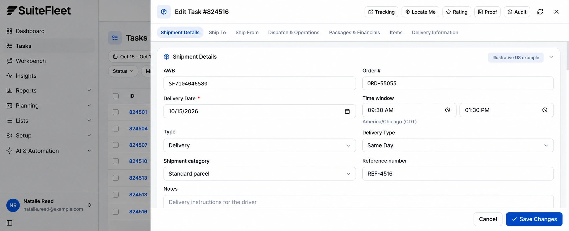 SuiteFleet Shipment Details with order reference and delivery window