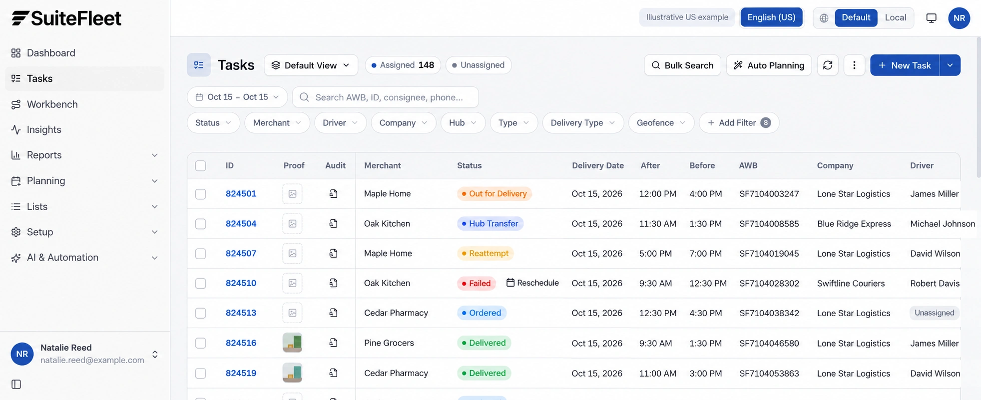 SuiteFleet task list with operational statuses