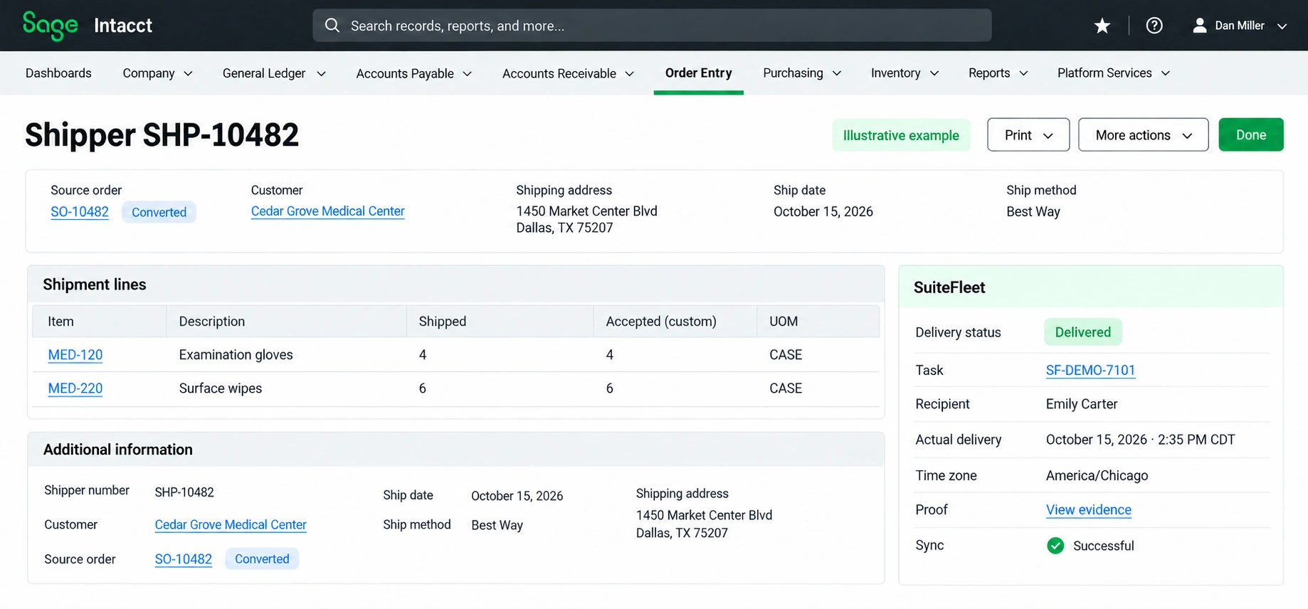 Sage Intacct completed delivery example linked to SO-10482