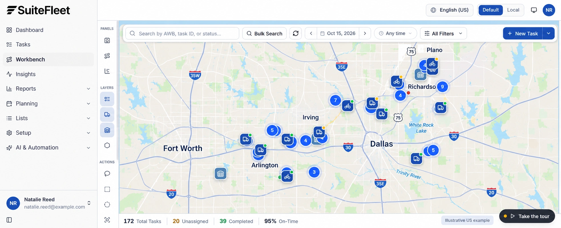 SuiteFleet Workbench with task clusters and hubs