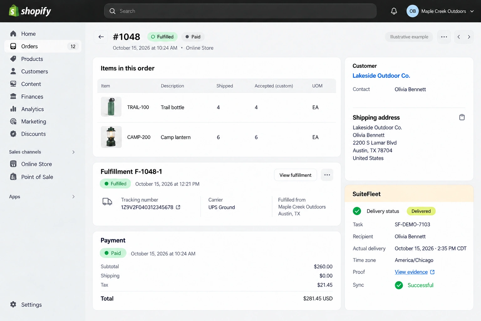 Shopify completed delivery example linked to #1048