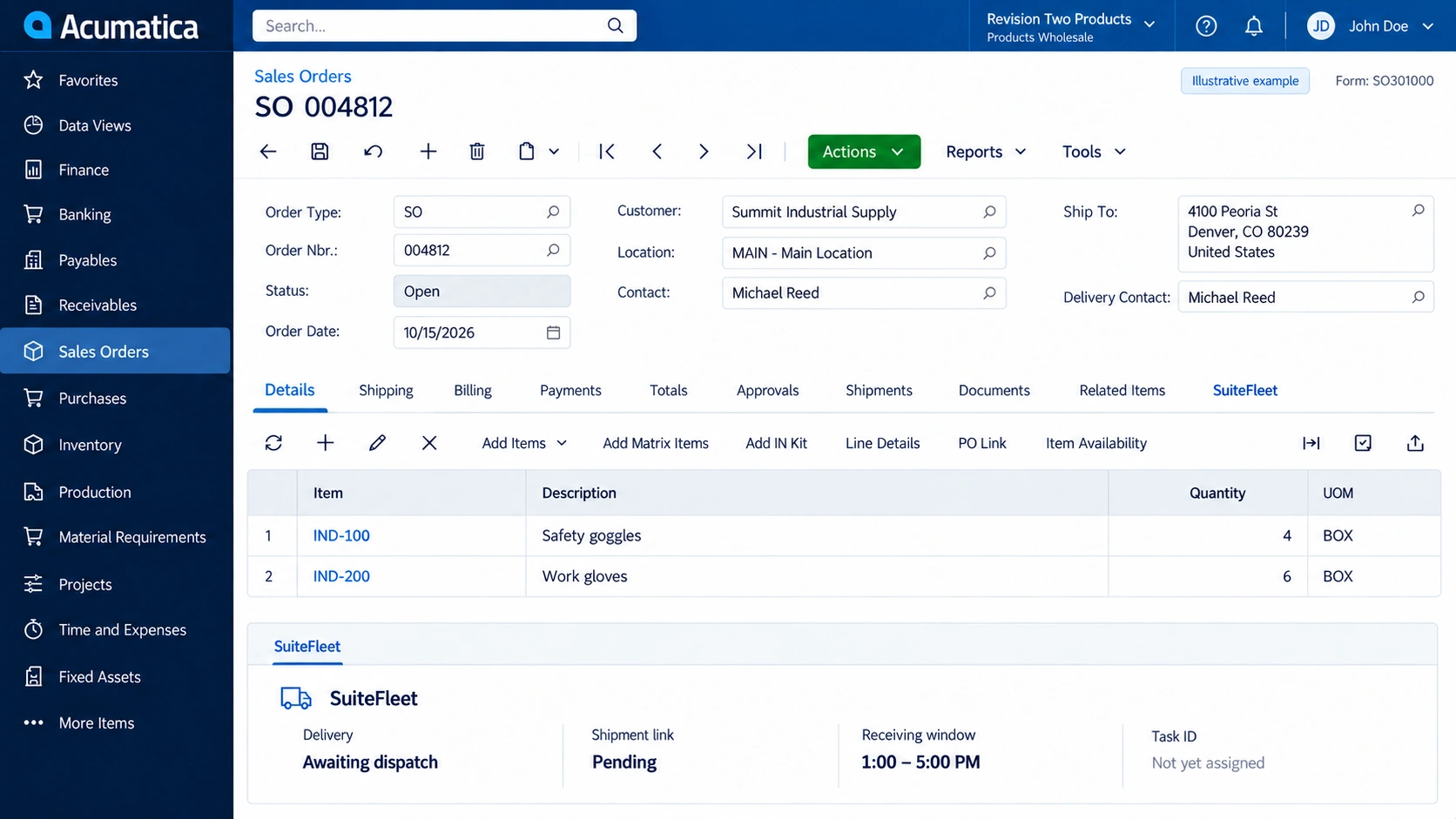 Acumatica starting order SO 004812 with SuiteFleet extension