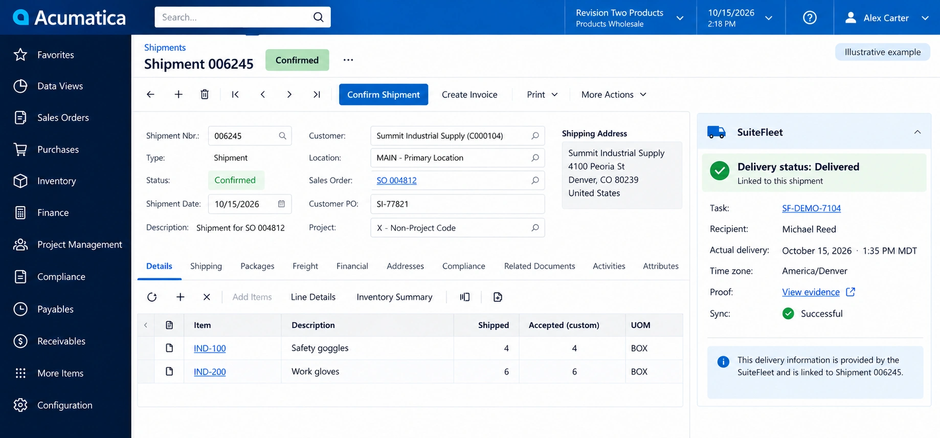 Acumatica completed delivery example linked to SO 004812